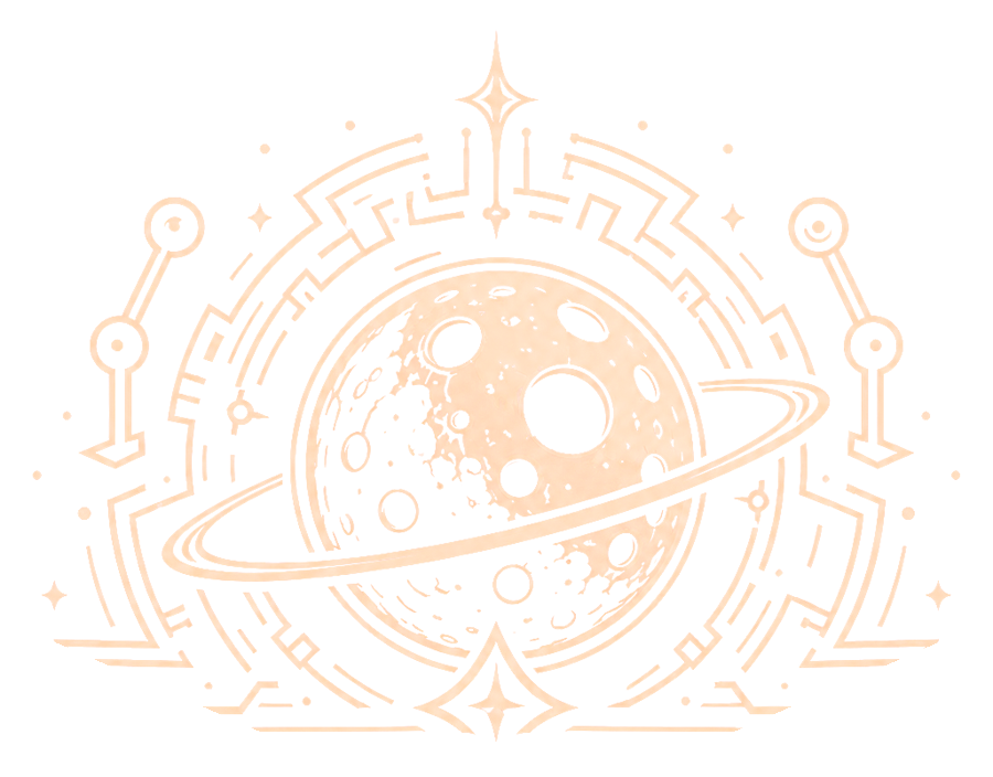 The Xenomoon sigil: a ringed cratered moon set in an engraved bronze orbital diagram